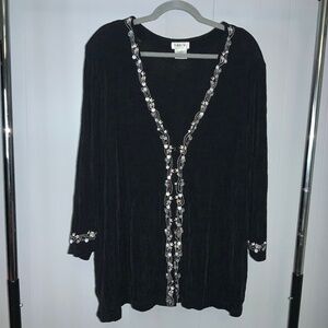 Vikki Vi open front black cardigan Sz 2X embroidered embellished trim vintage